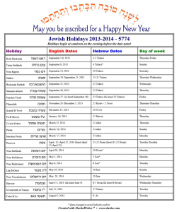 Jewish Holday Calendar 5744-2013-14